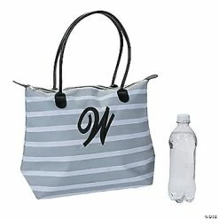 Deals 👏 Monogrammed Striped Nylon Tote Bag with Black Embroidery ⭐