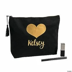 Flash Sale 👏 Personalized Black with Gold Heart Cotton Makeup Bag ❤️