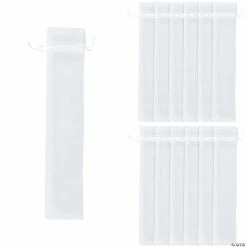 Promo 👍 4" x 10" Large White Hand Fan Organza Drawstring Favor Bags - 12 Pc. 😍
